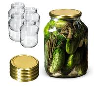 KADAX Barattoli per conserve, da 2,5 l, per conserve, fi100 mm, vasetti per conserve, barattoli per conserve, cetrioli, barattoli per conserve, barattoli rotondi (4 pezzi, coperchi dorati)