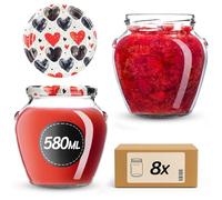 KADAX Barattoli per conserve da 580 ml con tappo a vite fi82 mm, vasetti a vite con coperchio, vasetti per miele, frutta e verdura, vasetti per marmellata (cuori, 8 pezzi)