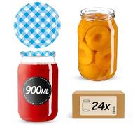 KADAX Barattoli per conserve da 900 ml con tappo a vite fi82 mm, grandi barattoli con coperchio Twist Off, vasetti per conserve per cetrioli, conserve (blu a quadri, 24 pezzi)
