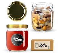 KADAX Barattoli per Marmellata 425 ml, Vasetti per Conservazione con Coperchi Ermetici per Marmellata, Gelatina e Miele Fatta in Casa, Barattoli di Vetro per Conservare Erbe (Coperchi Oro, Set di 24)