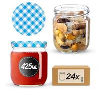 KADAX Barattoli per marmellata da 425 ml, con tappo a vite, vasetti con tappo a vite, vasetti per marmellate, confetture, miele (blu a quadretti/24 pezzi)