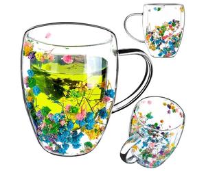KADAX Bicchieri da caffè a doppia parete, 350 ml, 1 pezzo, bicchieri termici per tè e caffè, bicchieri da tè in vetro borosilicato, tazza da caffè con fiori secchi, tazza da tè (colorata)