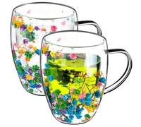 KADAX Bicchieri da caffè a doppia parete, 350 ml, set da 2 pezzi, per tè e caffè, in vetro borosilicato, tazza da caffè con fiori secchi, tazza da tè (colorata)