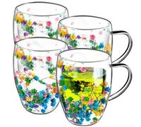 KADAX Bicchieri da caffè a doppia parete, 350 ml, set da 4 pezzi, per tè e caffè, in vetro borosilicato, tazza da caffè con fiori secchi, tazza da tè (colorata)