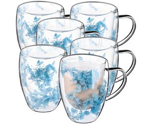 KADAX Bicchieri da caffè a doppia parete, 350 ml, set da 6 pezzi, per tè e caffè, in vetro borosilicato, tazza da caffè con fiori secchi, tazza da tè (blu)