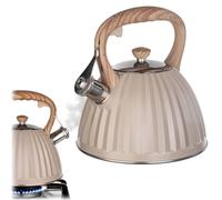 KADAX Bollitore in acciaio inossidabile da 2,8 l, bollitore con boccaglio, coperchio e manico resistente al calore in effetto legno, bollitore a fischietto, adatto per tutti i tipi di uso comune