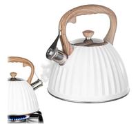 KADAX Bollitore per tè in acciaio inox da 2,8 L con tubo, coperchio e manico resistente al calore, effetto legno, per tutti i tipi di piani cottura (bianco)
