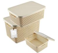 KADAX Cesto portaoggetti con coperchio, contenitore in plastica, contenitore con fori di ventilazione (set da 3: 4,5 l, 12 l, 18 l, beige)