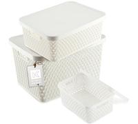 KADAX Cesto portaoggetti con coperchio, contenitore in plastica, contenitore moderno con fori di ventilazione (set da 3: 4,5 l, 12 l, 18 l, bianco)