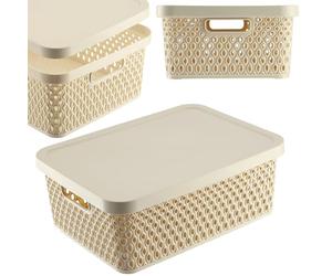 KADAX Cesto portaoggetti con coperchio, scatola portaoggetti, contenitore portaoggetti in plastica, cestino moderno con fori di ventilazione (12 litri, beige)