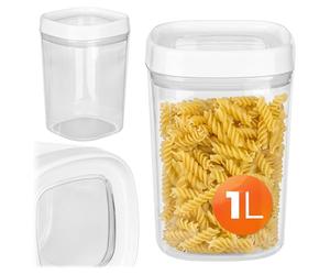 KADAX Contenitore trasparente in plastica, ermetico con coperchio, per farina, cereali, zucchero e pasta (1000 ml, bianco)