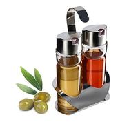 KADAX Dispenser di olio e aceto con supporto, contenitore in vetro trasparente con coperchio in metallo, set dispenser olio, bottiglie di spezie da cucina, olio e aceto (argento)
