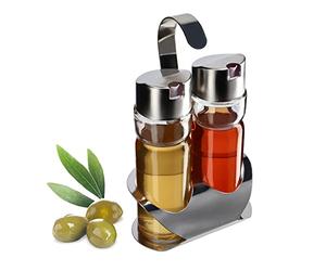 KADAX Dispenser di olio e aceto con supporto, contenitore in vetro trasparente con coperchio in metallo, dispenser di olio, bottiglie di spezie da cucina (argento)