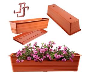 KADAX Fioriera 60 cm con sottovasi e 2 manici Terracotta, vaso da balcone in plastica, cassetta per piante resistente alle intemperie, vaso per fiori, cassetta da ringhiera per fiori, erbe aromatiche