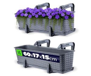 KADAX Fioriera 60cm per Ringhiera in Plastica, Vaso da Appendere al Balcone Completo di Sottovaso e Portavasi, Ideale per Piante da Esterno (Grafite)