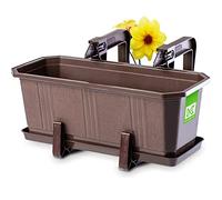 KADAX Fioriera Rettangolare per Ringhiera da Esterno, Vaso da Balcone in Plastica con Sottovaso e Portavasi, Cassetta per Piante (40 cm, Marrone)