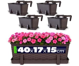 KADAX Fioriere - 40cm-Set di 4- da Balcone in Plastica per Ringhiere, Vasi Completi di Sottovasi e Portavasi, Ideali per Piante da Esterno (Marrone)