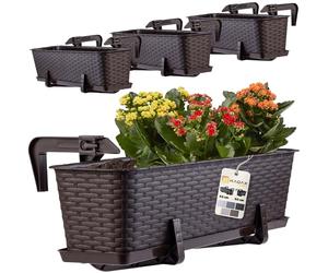 KADAX Fioriere - 60cm-Set di 4- da Balcone in Plastica per Ringhiere, Vasi Completi di Sottovasi e Portavasi, Ideali per Piante da Esterno (Marrone)