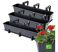 KADAX Fioriere Rettangolari per Ringhiere da Esterno, Vasi per Piante da Balcone in Plastica con Sottovasi e Portavasi (Grafite, Set di 3: 80 cm)