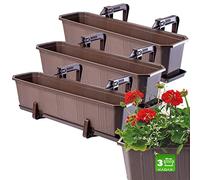 KADAX Fioriere Rettangolari per Ringhiere da Esterno, Vasi per Piante da Balcone in Plastica con Sottovasi e Portavasi (Marrone, Set di 3: 60 cm)