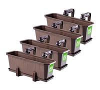 KADAX Fioriere Rettangolari per Ringhiere da Esterno, Vasi per Piante da Balcone in Plastica con Sottovasi e Portavasi (Marrone, Set di 4: 40 cm)