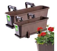 KADAX Fioriere Rettangolari per Ringhiere da Esterno, Vasi per Piante da Balcone in Plastica con Sottovasi e Portavasi (Marrone, Set di 2: 40 cm e 60 cm)