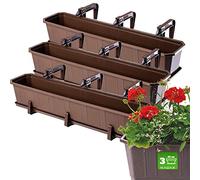 KADAX Fioriere Rettangolari per Ringhiere da Esterno, Vasi per Piante da Balcone in Plastica con Sottovasi e Portavasi (Marrone, Set di 3: 80 cm)