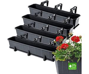 KADAX Fioriere Rettangolari per Ringhiere da Esterno, Vasi per Piante da Balcone in Plastica con Sottovasi e Portavasi (Grafite, Set di 4: 80 cm)