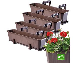 KADAX Fioriere Rettangolari per Ringhiere da Esterno, Vasi per Piante da Balcone in Plastica con Sottovasi e Portavasi (Marrone, Set di 4: 60 cm)