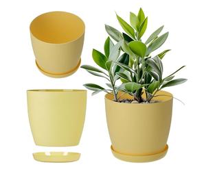 KADAX Flowerpot, fioriera con sottobicchieri, secchio di fiori rotondi in plastica, pentola Matt per cactus, felci, trama luccicante per balcone, appartamento e terrazza (⌀ 30 cm, limone)