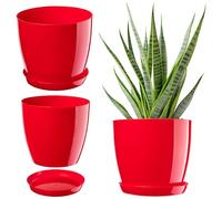 KADAX Flowerpot, fioriera rotonda con sottovaso, Ø 23 cm, elegante vaso in plastica per interni, fiori e piante, (Rosso)