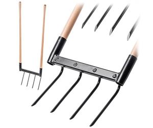 KADAX Forchetta da giardino con 4 denti e lunghi steli in legno, per allentare il terreno e la lavorazione del giardino, Broadfork per la ventilazione dei terreni (49,5 x 134 cm)