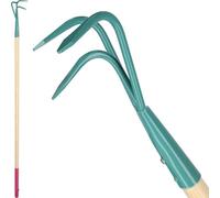 Kadax Grubber, coltivatore donne, accessori da giardino realizzati in acciaio, zappa da giardino con gambo lungo, coltura a mano, artiglio di fiori ergonomici (3 denti, con maniglia in legno)