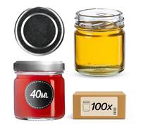 KADAX Mini vasetti da 40 ml, vasetti per conserve, spezie, con tappo a vite, vasetti per prova, marmellate, piccoli barattoli di miele, bicchieri rotondi (100 pezzi, coperchio argento)