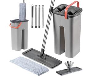 KADAX Mocio per diverse superfici, robusto lavapavimenti con doppio secchio, tergicristallo piatto, dispositivo di pulizia con due inserti in microfibra (grigio/arancione)
