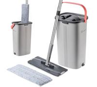 KADAX mocio piatto con separazione dell'acqua, mocio con secchio a doppia camera, tergicristallo pavimento, set di pulizia per pavimenti, mocio piatto con secchio per tacchino (grigio/arancione)