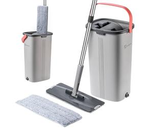 KADAX mocio piatto con separazione dell'acqua, mocio con secchio a doppia camera, tergicristallo pavimento, set di pulizia per pavimenti, mocio piatto con secchio per tacchino (grigio/arancione)