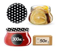 KADAX Piccoli barattoli per conserve da 300 ml, in miniatura per miele e spezie, vasetti per marmellata con coperchio, vasetti ermetici da regalare (neri a pois, 50 pezzi)