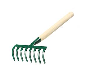 KADAX Rastrello piccolo in metallo, manico in legno, scopa per fogliame, giardino
