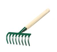 KADAX Rastrello piccolo in metallo, rastrello con manico in legno, scopa per fogliame, rastrello per giardino, rastrello da giardino, rastrello a mano, scopa piccola (8 denti, corta, legno, metallo)