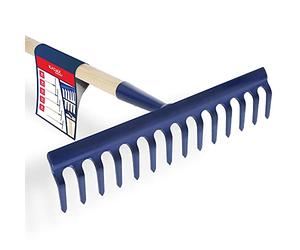 Kadax Rechen, testa di larghezza con testa rinforzata, a foglia di metallo, dite con un gambo lungo fatto di legno, utensile da giardino diserbo, fertilizzante (14 denti)