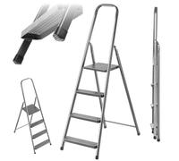 KADAX Scala a gradini in acciaio, pieghevole, con piedini antiscivolo, scala unilaterale con ripiano, scala pieghevole, scala a pioli, scala in acciaio (4 livelli)