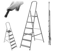KADAX Scala a gradini in acciaio, pieghevole, con piedini antiscivolo, scala unilaterale con ripiano, scala pieghevole, scala a pioli, scala in acciaio (6 gradini)