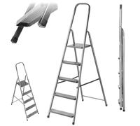 KADAX Scala a gradini in acciaio, pieghevole, con piedini antiscivolo, scala unilaterale con ripiano, scala pieghevole, scala a pioli, scala in acciaio (5 livelli)