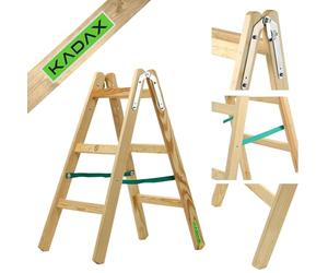 KADAX Scala a Pioli Doppia in Legno di Pino Impregnato, Scaletta Pieghevole con Gancio in Acciaio e Certificata EN 131, Fino a 150 kg (3 Gradini)