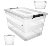KADAX Scatola portaoggetti con coperchio, scatola per giocattoli, contenitore in plastica resistente, con chiusura a scatto, contenitore (trasparente, 55 l)