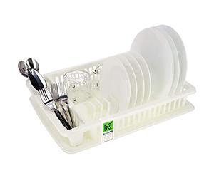 KADAX Scolapiatti da Appoggio con Portaposate e Vaschetta Raccogligocce in Plastica, Scolapiatti da Cucina per Piatti e Bicchieri (Crema, 46.5 x 37 cm)