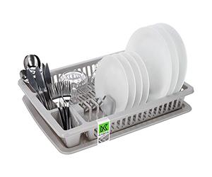 KADAX Scolapiatti da Appoggio con Portaposate e Vaschetta Raccogligocce in Plastica, Scolapiatti da Cucina per Piatti e Bicchieri (Grigio, 46.5 x 37 cm)