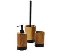 KADAX Set da bagno, dispenser di sapone, bicchiere per spazzolini e scopino per WC, accessori da bagno in poliresina resistente, set da bagno effetto legno, accessori da bagno (legno nero)