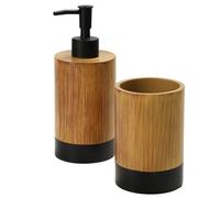 KADAX Set da bagno 2 pezzi, dispenser di sapone e bicchiere porta spazzolini effetto legno, accessori da bagno per WC, set igienico per casa e bagno (legno nero)